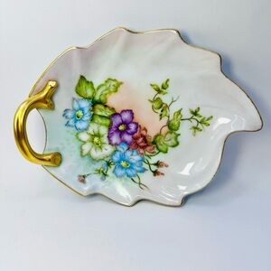 Vintage Hand Painted Porcelain Leaf Candy Dish Bowl Floral Golden Accents